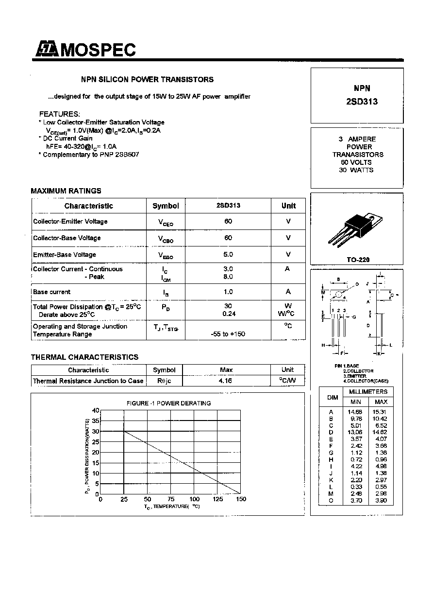 2SD313 (Mospec) - Power Transistors(3a,60v,30w) | HTML.datasheet