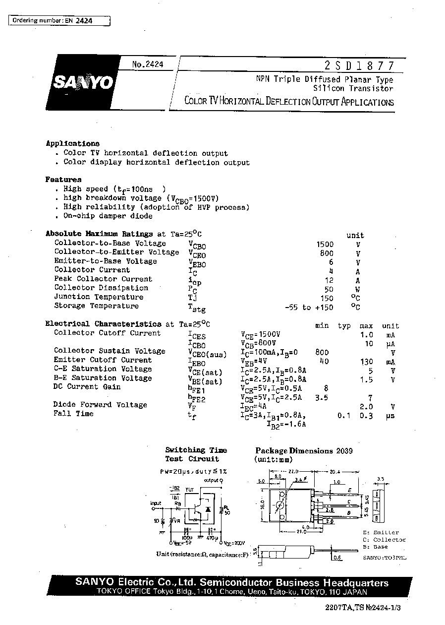 datasheet d1877 D1877 (sanyo) color tv horizontal deflection output applications.