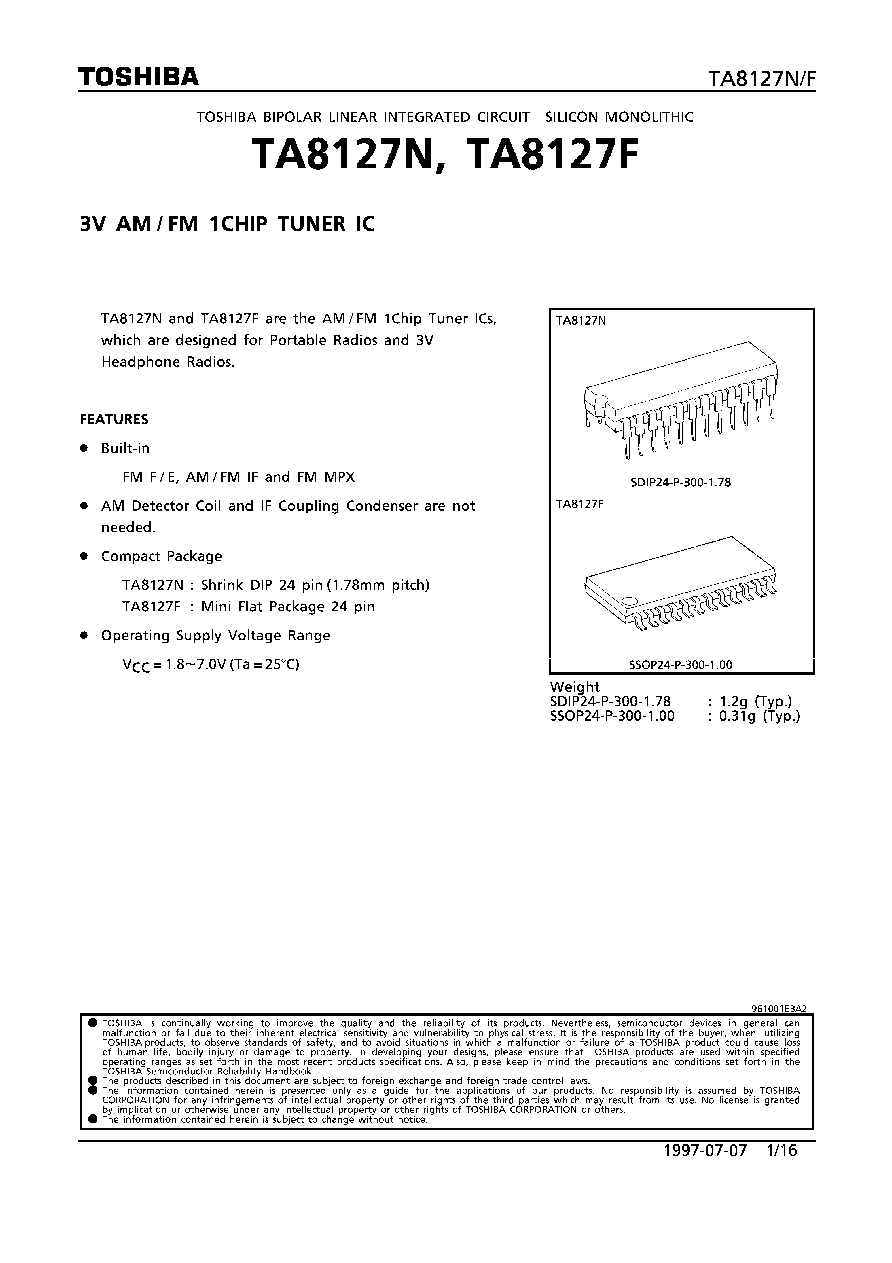 TA8127N (Toshiba) - 3V AM/FM 1CHIP TUNER IC | HTML.datasheet